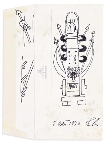 (ARTISTS.) INDIANA, ROBERT. Group of 5 ink or graphite drawings, 4 Signed, R.I. or R. Indiana, mostly designs for Herm sculptures